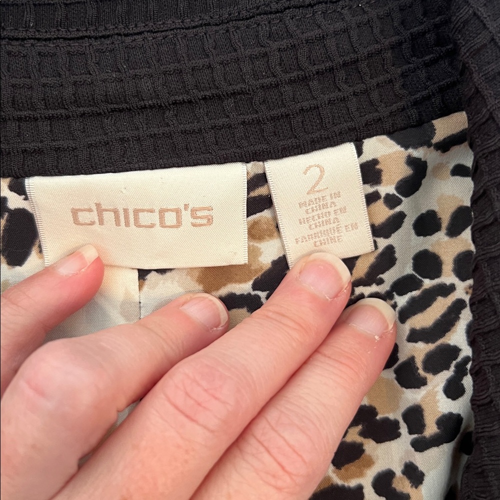 Chico’s Black Waffle Knit Biker Style Blazer With Animal Print Lining. - Picture 2 of 14